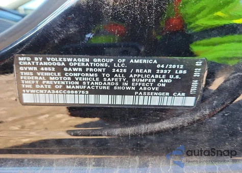 2012 Volkswagen Passat Sel z USA, uszkodzony, nr VIN 1VWCN7A34CC086753